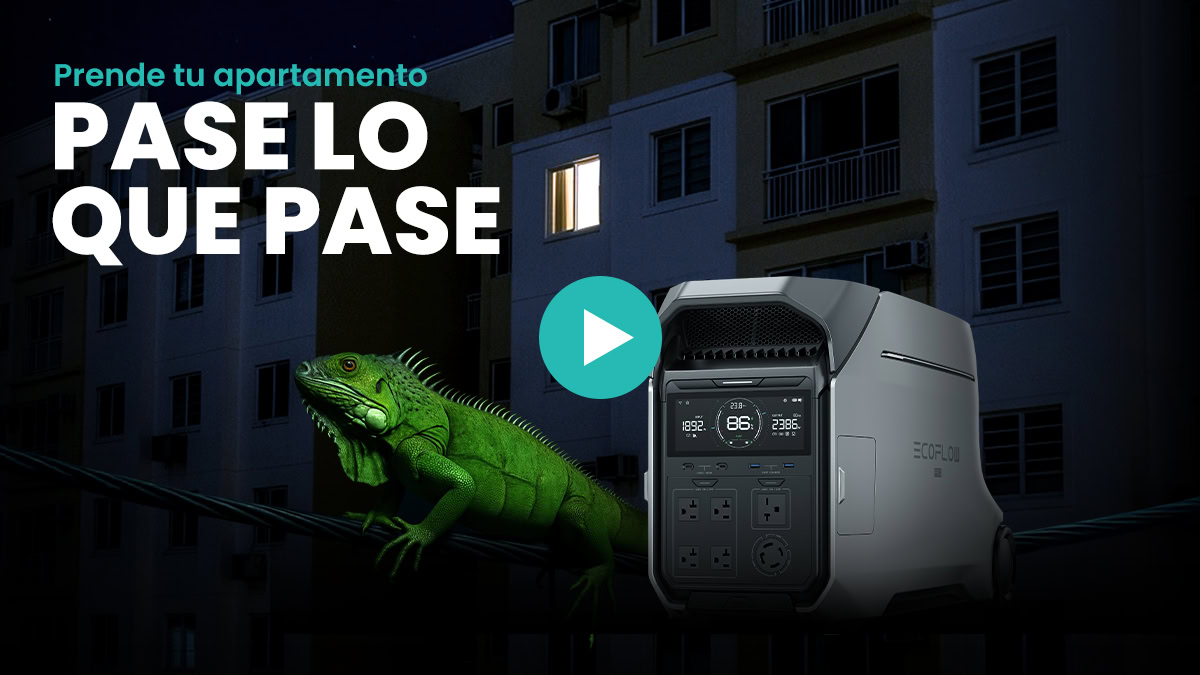 Batería EcoFlow frente a edificio apagado con iguana sobre cable eléctrico – solución energética para apagones en Puerto Rico.