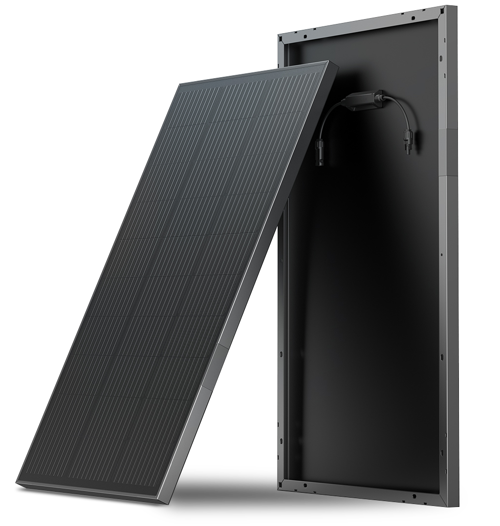 Panel solar rígido EcoFlow de 100W mostrando la parte frontal y posterior con conectores MC4, diseñado para cargar estaciones de energía EcoFlow en hogares, negocios y sistemas de respaldo.